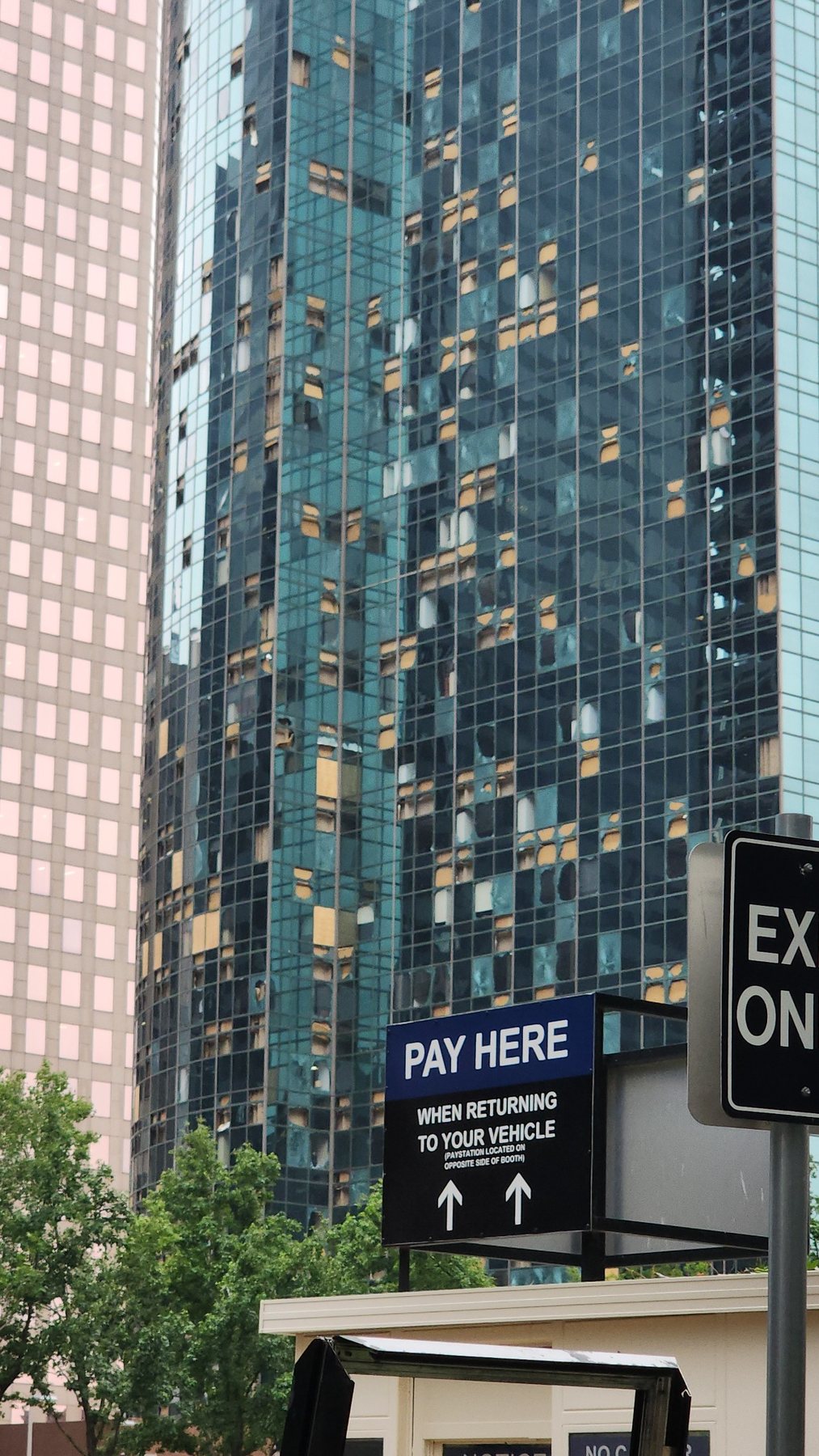 Houston glass tower with window damage